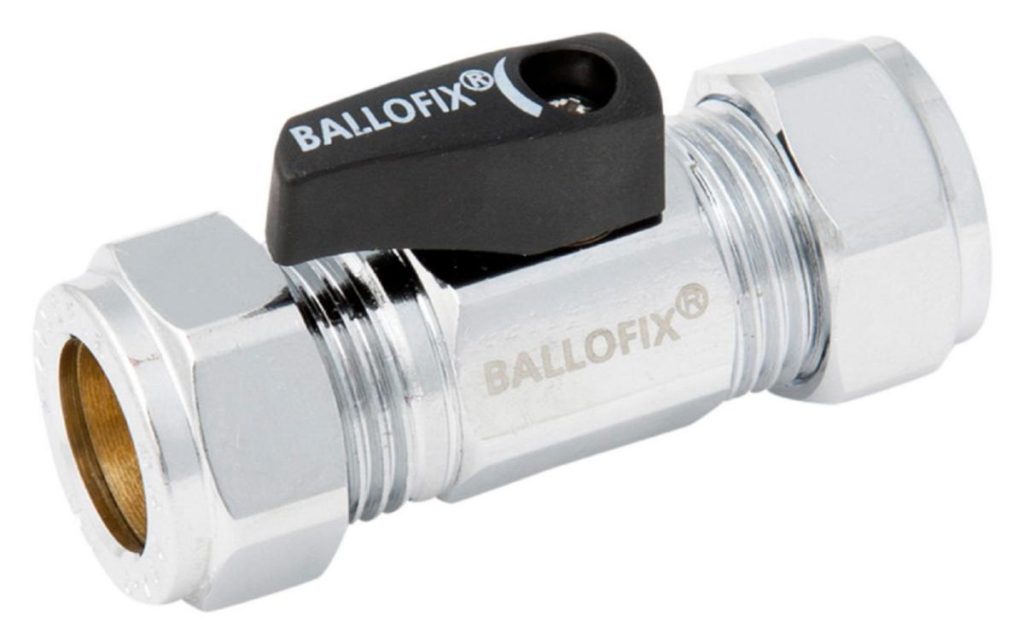 Ballofix kulventil 10×10 mm klämring x klämring förkromad med vred